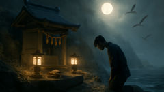 A simple shrine on a seaside cliff with offerings of rice and hemp, moonlit tide below
