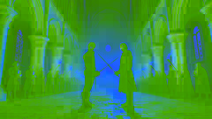 D’Artagnan et Athos s’affrontent à l’épée sous les hautes arches de la grande cathédrale.