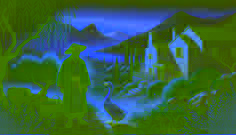A serene morning scene in an ancient Greek village with a humble farmer and his mystical goose under soft dawn light.
