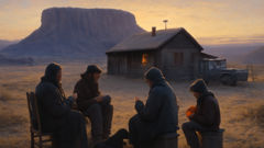 Dawn light over a Navajo homestead as neighbors gather with coffee and oranges