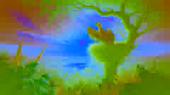 Der Bennu-Vogel hoch in seinem Nest, umgeben von Kräutern und dem untergehenden Sonnenlicht über dem Nil gegenüber. 