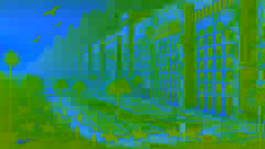 Die verfallenden Hängenden Gärten nach dem Fall von Babylon, mit vertrockneten Pflanzen und beschädigten Bewässerungssystemen im Licht der untergehenden Sonne.