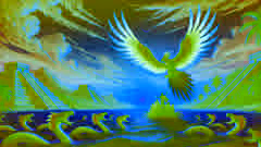 Quetzalcoatl auf einem Floß aus Schlangen, gleitet über die Wasser unter einem leuchtenden Sonnenuntergang, mit Pyramiden und einer trauernden Menschenmenge in der Ferne.