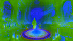 Alaric se tient dans son laboratoire alchimique, observant la formation de la Pierre Philosophale au centre d'un cercle alchimique lumineux.