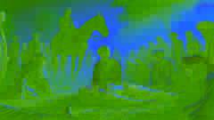 Los aldeanos encuentran a Rostam herido y a su caballo en un claro del bosque al amanecer, expresando reverencia y tristeza.