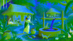 Lakshmi fetching water from the well while the mongoose watches over the baby.