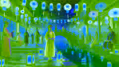 Festival de los Faroles en el pueblo de Qinghe, con faroles brillantes reflejándose en el río, mientras los aldeanos celebran y Meilin destaca con un vestido carmesí.