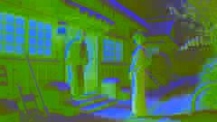 Takao se encuentra con Yukiko por primera vez fuera de su cabaña nevada, con un cálido resplandor que emana del interior iluminando la escena.