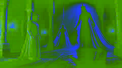 El rey Rostam se enfrenta a figuras fantasmales en un templo tenuemente iluminado, confrontando sus miedos durante la Prueba de las Sombras.