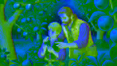 El joven Johnny Appleseed aprendiendo sobre plantas en un huerto.