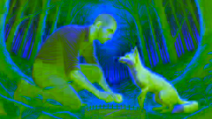 Hasan Kachal rescuing a fox from a trap in a dense forest.