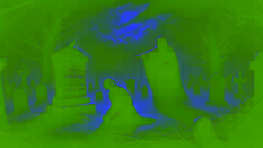 El Fantasma de la Navidad Futura señala la tumba de Scrooge en un oscuro cementerio iluminado por la luna.