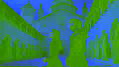 Pilar et son compagnon se tiennent près d'un monastère, contemplant les enseignements spirituels à la douce lumière de l'après-midi.