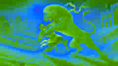 Rostam grapples with a massive lion in the desert, mid-fight, showing his incredible strength during the first labor.