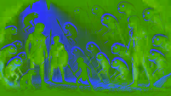 Los Ancianos enfrentan a los traviesos espíritus Imjim en una cueva tenuemente iluminada, sosteniendo lanzas con determinación.