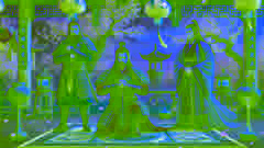 Liu Bei, Guan Yu y Zhang Fei se arrodillan bajo un duraznero, jurando hermandad.