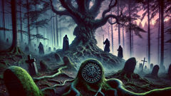 Sintram, Folko, and Ewald at a twisted ancient oak as spectral figures appear