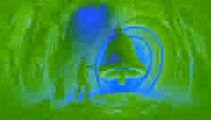 Inside a glowing cavern, Diego reaches for the massive enchanted bell covered in mystical symbols, while Rosa watches in awe.
