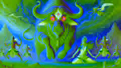 Mahishasura se transforma en su poderosa forma de búfalo, preparándose para embestir contra Durga.