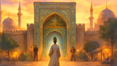 A dervish arrives at the turquoise-tiled gates of a Persian palace at sunset.