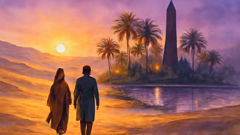 Princess and dervish cross the shimmering Persian desert toward a lush oasis at dusk.