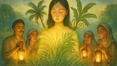 Dewi Sri transforms, her body giving birth to rice and crops