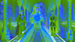 Gisela in a grand palace hall, revealing her true identity as the prince looks astonished.