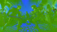 Romeo and Tybalt engage in an intense duel in the streets of Verona, watched by fearful onlookers.
