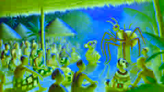 Anansi and the wise monkey Osebo telling stories to villagers in a lively Ghanaian village.
