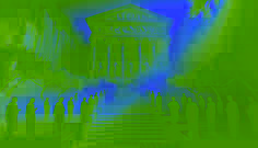 Um templo antigo envolto em uma névoa mística, com símbolos divinos e uma luz suave e assustadora.