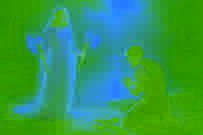 Göttin verkleidet, die eine goldene Axt anbietet, während der Holzfäller ehrfürchtig kniet