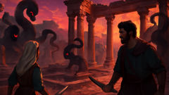 Dark spirits haunt an ancient Persian temple under a crimson sky.