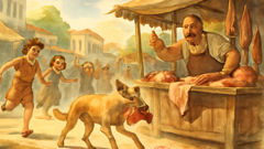 Stray dog grabs a piece of meat from the dusty ground in an ancient Greek market square