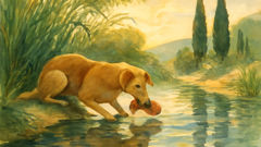 Dog gazes at its own reflection in a clear Greek stream, tempted by the image of a second meat