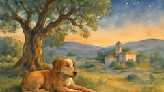 Stray dog resting under an olive tree at dusk in Greece after losing its meal