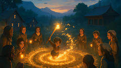 Dokkaebi club glowing as it summons gold and treasure in a village clearing