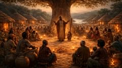 Una asamblea vespertina bajo el baobab, en la que un griot canta el consejo que mantiene la ley y la memoria conectadas.