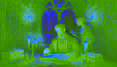 Dr. Victor Armand and Isabelle examine ancient manuscripts by candlelight in Château de Chillon’s library, surrounded by old books.