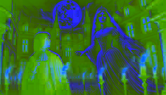  The ghostly figure of Countess Éléonore de Montreux pleads with Victor in the moonlit courtyard of Château de Chillon.