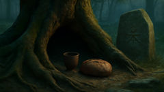 Um bosque coberto de musgo, com um carvalho antigo e uma oferenda de pão e vinho às raízes do carvalho.