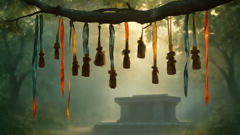 Fitas rituais amarradas a um galho de um bosque, próximo a um pequeno santuário votivo, no estilo grego antigo.