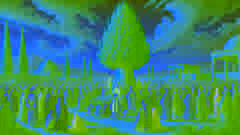 Los aldeanos y los peregrinos se reúnen en reverencia alrededor del imponente Ciprés Sagrado durante una ceremonia ceremonial.