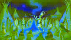  Villagers celebrating the harvest around a large fire, with Kokopelli playing his flute at the center.