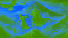 Fereydun lleva al encadenado Zahhak hasta la cima del monte Damavand, con águilas volando por encima.