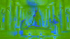 Anubis lleva a cabo los sagrados ritos de la momificación sobre un cuerpo, con sacerdotes que le asisten en una cámara débilmente iluminada.