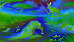 El leopardo atrapa peces en el río mientras la liebre observa con un palo, planeando su próximo movimiento.