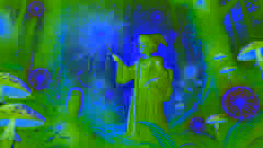 A young wizard with round glasses casting a spell in a glowing enchanted forest, surrounded by magical energy.