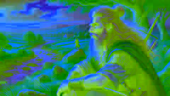 Un anciano Fionn mac Cumhaill reflexionando sobre su viaje y la sabiduría adquirida, enmarcado por un paisaje sereno junto al río Boyne.