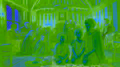 The green-skinned children, scared and weak, refuse food in Sir Richard de Calne’s home as villagers look on with concern.