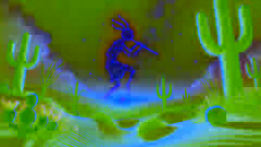 Kokopelli walking into the desert night, a constellation shaped like him glowing brightly in the sky.
